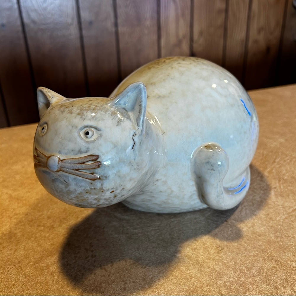 Vintage MCM Large Glazed Pottery Resting Cat Figurine, Fat Cat Figurine